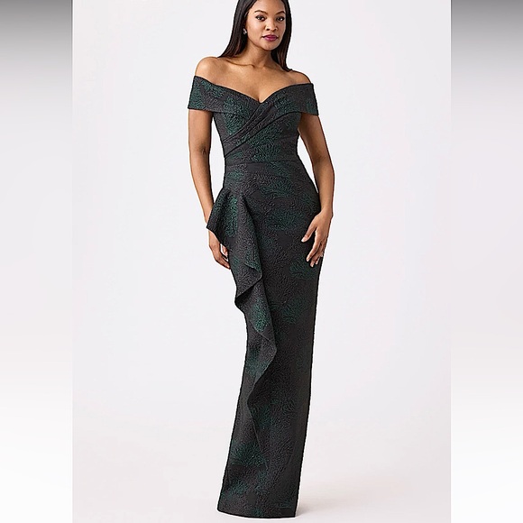 NWT Rickie Freeman Teri Jon black green pewter jacquard off shoulder formal gown - Picture 1 of 12
